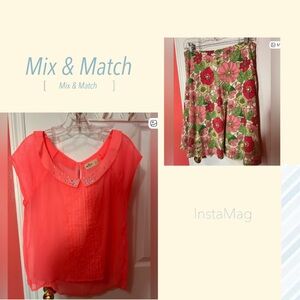 Coral Blouse and Floral Skirt Set